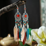 Load image into Gallery viewer, Feather Tassel Drop Earrings