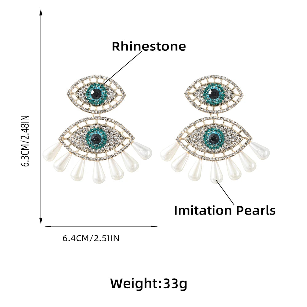 Rhinestone Pearl Evil Eye Earrings
