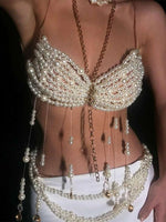 Load image into Gallery viewer, Bohemian Pearl Tassel Bra – Gold Accent Festival Top
