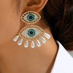 Load image into Gallery viewer, Rhinestones Pearls Evil Eye Earrings
