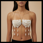 Load image into Gallery viewer, Bohemian Pearl Tassel Bra – Gold Accent Festival Top
